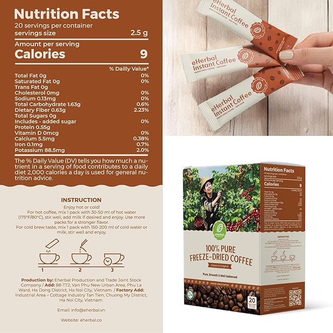 eHerbal Vegan Calming Instant Coffee Powder, plant base freezed dried Cold Brew 20 Packs | Smooth & Bold Vietnamese Robusta Coffee | Non-GMO, Vegan, Keto-Friendly, Low Acid (2.5g/stick)