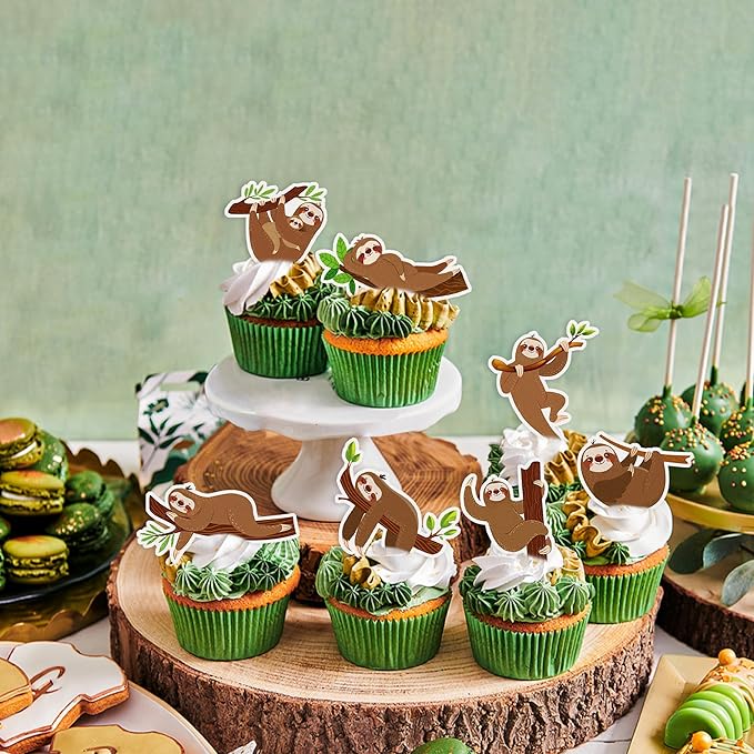 42Pcs Edible Cupcake Toppers Wafer Paper Sloth Animal Cupcake Toppers Drink Topper Dessert Muffin Cake Picks Cake Decoration for Children Birthday Party Decoration