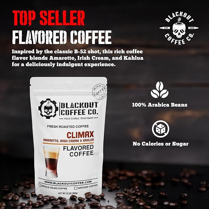 Blackout Coffee Climax Amaretto, Irish Cream & Kahlua Flavored Ground Coffee ??Medium Roast, Smooth Taste, Guilt-Free Indulgence ??Freshly Roasted 12oz Bag, American Made
