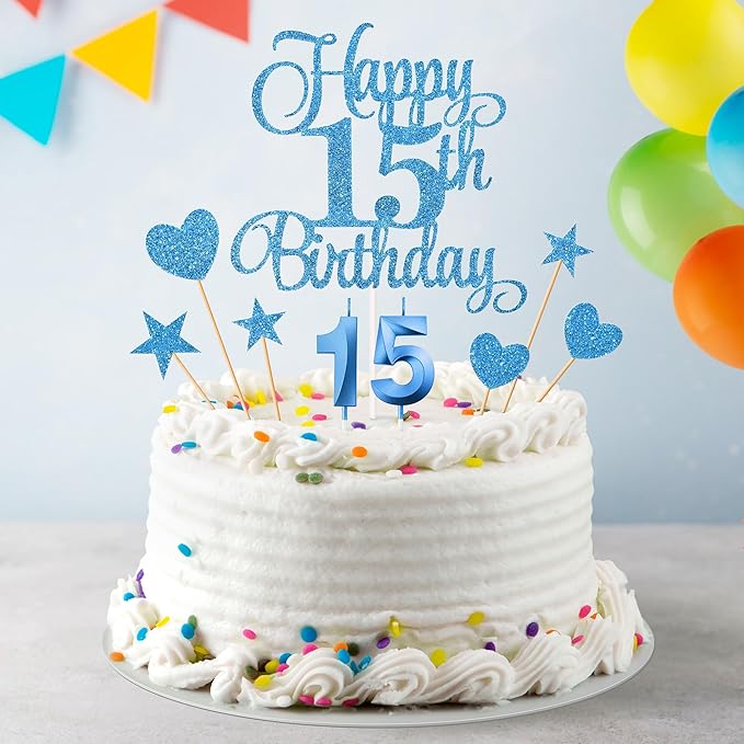 15th Birthday Cake Decorations, 15th Birthday Candles Cake Numeral Candles and Glitter Happy 15th Birthday Cake Toppers Set for Birthday Party Supplies (Blue)