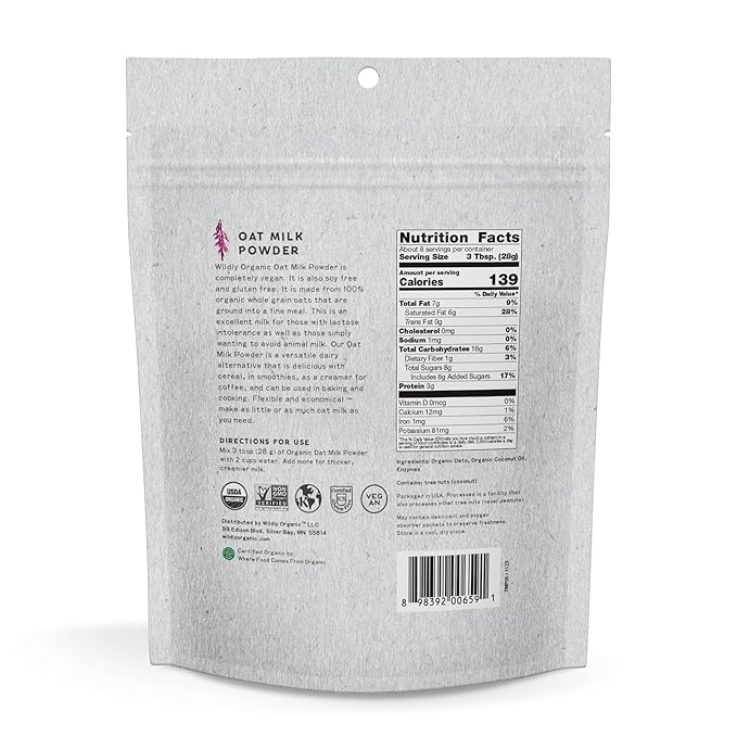 Wildly Organic Oat Milk Powder, 16 Oz, 1 lb Bag - Organic, Dairy-Free, Lactose-Free, Vegan, Gluten-Free, Plant-Bassed, Resealable Package | Excellent for Smoothies, Cereal, & Creamers