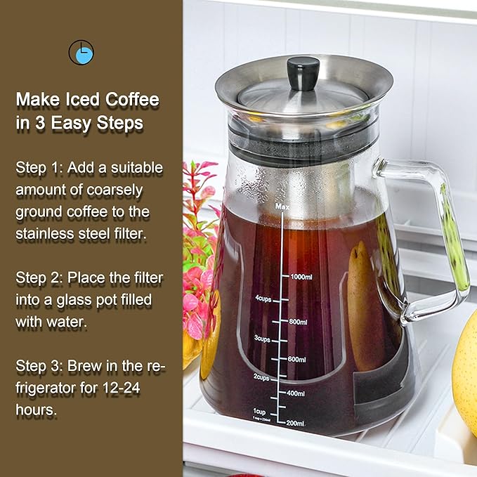 Aquach 34 Oz Cold Brew Coffee & Iced Tea Maker ??Airtight Lid, Dishwasher Safe, Borosilicate Glass Caraf
