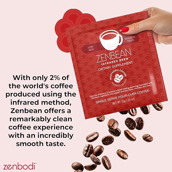 Zenbean Infrared Coffee Brew - 10 Servings Per Travel Pack, Single-Serve Pour-Over, Nootropic with Rhodiola Rosea, Adaptogen for Improved Focus and Energy