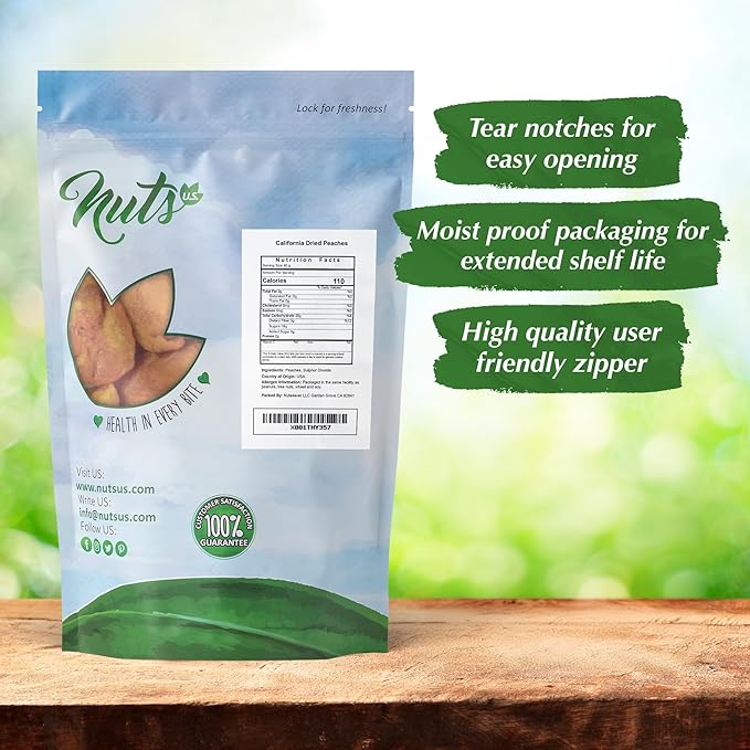 NUTS U.S. - Dried Fancy Peaches | Natural Snack | Fruity Aroma| No Added Sugar and Non GMO | Vegan and Gluten Free | Packed in a Resealable Bag!!! (1 LB)