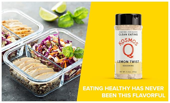 Kosmos Q Lemon Twist Seasoning, Zesty Lemon Pepper Spice Mix for Chicken, Fish, Veggies & More, All-Natural Clean Eating Herbs & Spices, Sugar Free, Keto & Paleo Friendly, 5.3 Oz Shaker Bottle