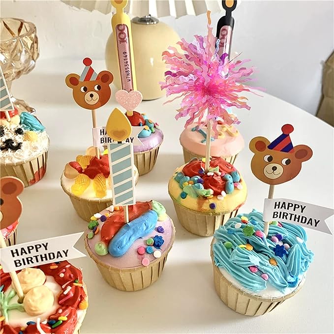 30PCS Foil Firework Cupcake Toppers, Happy Birthday Orange Cake Toppers, Sparkle Tinsel Flower Drink Stirrers Cocktail Food Fruit Toothpicks for Cake Decoration Party Supplies