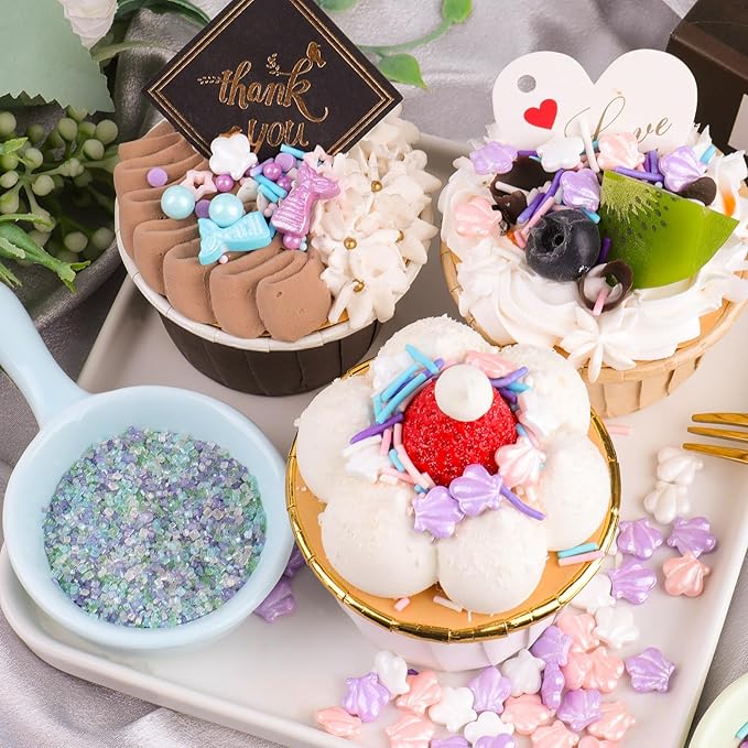 Pastel Mermaid Sprinkles for Cake Decorating, Ocean Seashell Sprinkles with Jimmies and Sanding Sugar for Ice Cream Cupcakes Brownie Cookie Baking Topping