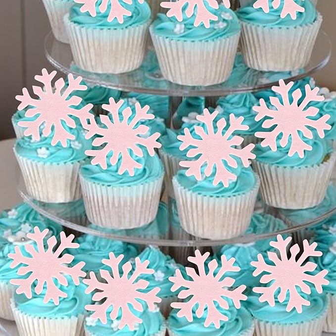 50 PCS Pink Edible Snowflake Cupcake Toppers Edible Snowflakes Cupcake Picks Wafer Paper Frozen Cake Toppers for Christmas Winter Frozen Theme Baby Shower Birthday Party Cake Decorations Supplies