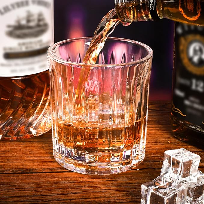 Whiskey Glasses set of 4,10 oz Bourbon Glass - Lead-Free Crystal Old Fashioned Glass for Scotch, Cocktails, Home Bars, Parties,Spinning Whiskey Glass Unique Gift for Men and Women