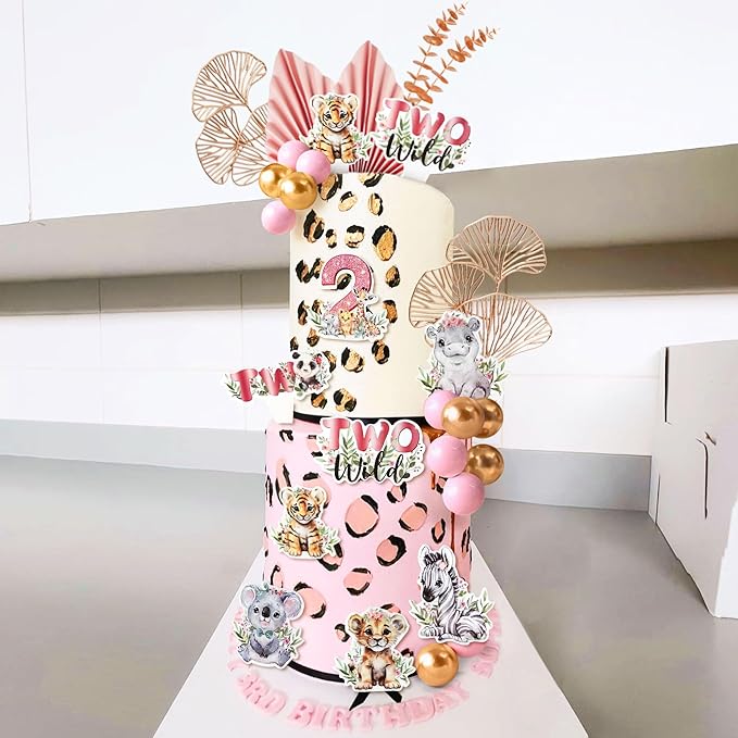40 PCS Two Wild Cake Topper 2nd Birthday Party Girl Safari Animal Cake Decorations Pink Two Wild 2 Birthday Decor Jungle Cake Toppers Baby Shower