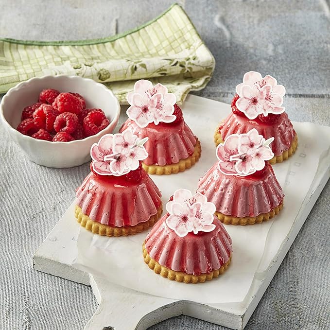 60 Pack Edible Cherry Blossom Cupcake Toppers Cherry Flowers Cake Toppers Rice Paper Wafer Paper Cake Picks for Cherry Blossom Bridal Shower Baby Shower Kids Birthday Cake Decorations Color 2