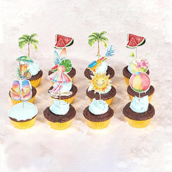 40 Pack Summer Beach Theme Cupcake Toppers Umbrella Chair Palm Tree Watermelon Coconut Cupcake Picks Hawaiian Beach Cake Decorations for Baby Shower Birthday Wedding Party Supplies