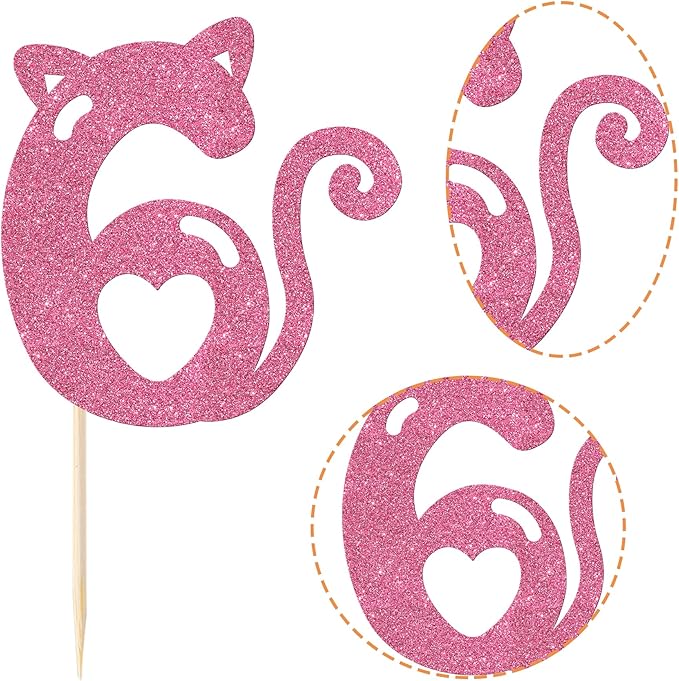1 Pack 6th Cake Topper Glitter Cat Birthday Cake Pick Cute Pet Cat Cake Decoration for Cat Theme Baby Shower Kids Six Birthday Wedding Party Cake Decorations Supplies Pink