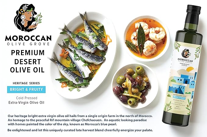 MOROCCAN OLIVE GROVE - Bright & Fruity - Premium Desert Extra Virgin Cold Extracted Olive Oil, 100% Single Origin from Morocco, Polyphenols Rich - 16.9 Fl oz (500ml) (500ml Bottle *)