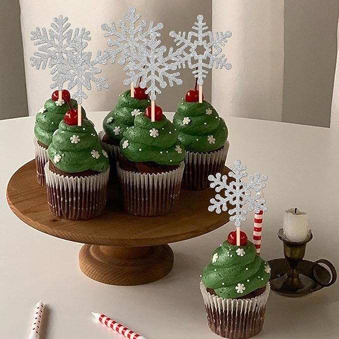 24 PCS Snowflake Cupcake Toppers Glitter Frozen Snowflake Cupcake Picks Winter Wonderland Cake Decorations for Winter Frozen Theme Baby Shower Kids Birthday Christmas Party Supplies Silver