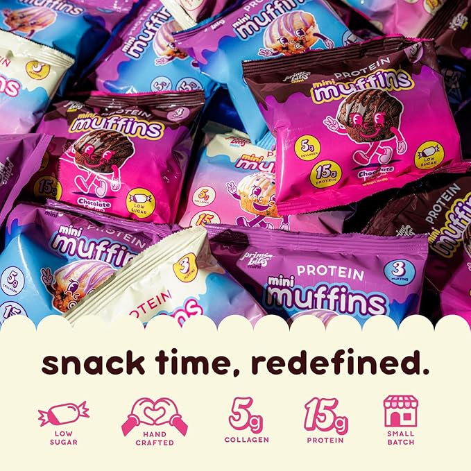 Prime Bites Minis | Protein Mini Muffins from Alpha Prime Supplements | High Protein, Collagen Fortified Low Sugar Treat | Delicious Snack | 12 Packs per Box - Blueberry