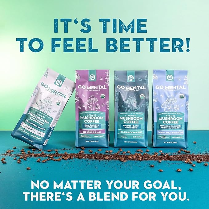 Organic Mushroom Decaffeinated Coffee Dark Roast, Swiss Water Water Process, Red Reishi & Chaga, Decaf for Calm and Relaxed Focus, Grade 1 Single Origin Peruvian 12oz - Ground (2 Pack)