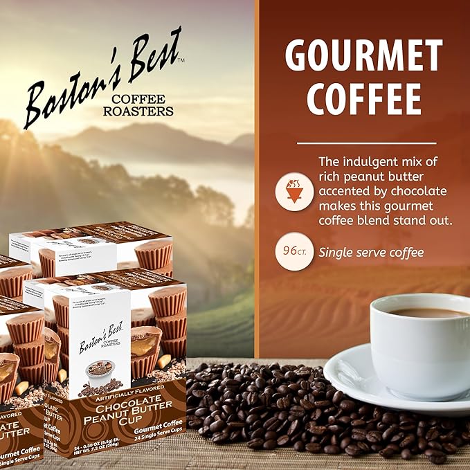 Boston’s Best - Chocolate Peanut Butter Medium Roast Flavored Gourmet Coffee Compatible with Keurig Coffee Maker, 24 Count (Pack of 4)