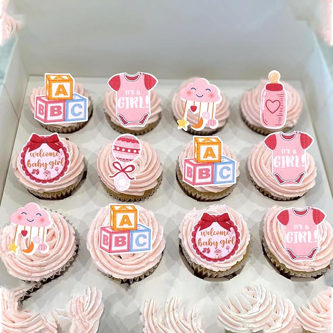 60 PCS Edible Oh Baby Cupcake Toppers Pacifier Cloud Moon Star Welcome Baby Girl Cupcake Picks Edible Baby Shower It's a Girl Cake Decorations for Baby Shower Girls Birthday Party Supplies Pink