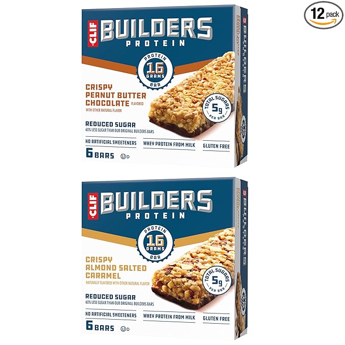 CLIF BUILDERS Protein Bars - Variety Pack - Crispy Almond Salted Caramel and Crispy Peanut Butter Chocolate Flavored - Reduced Sugar - Gluten Free - 16g Protein - No Artificial Sweeteners - 1.97 oz. (12 Pack)