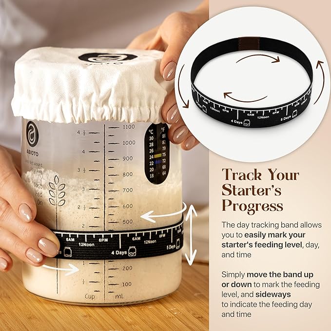 Sourdough Starter Kit with 40 oz Glass Jar ??Extra Thermometer Strips and Breathable Covers Included in Sourdough Starter Jar Kit ??A Perfect Sourdough Bread Starter Kit for Beginners to Expert