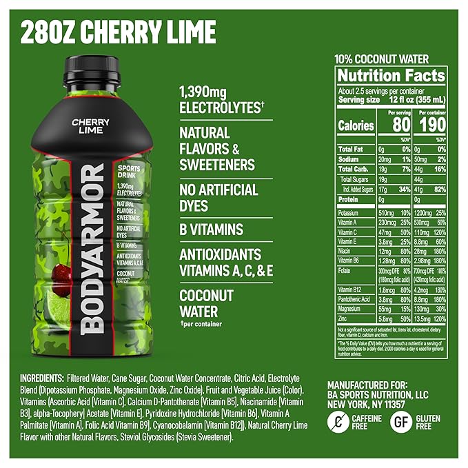 BODYARMOR Sports Drink Sports Beverage, Cherry Lime, Coconut Water Hydration, Natural Flavors With Vitamins, Potassium-Packed Electrolytes, Perfect For Athletes, 28 Fl Oz (Pack of 15)