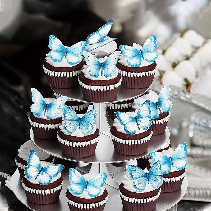 Rsstarxi 60 Pack Wafer Paper Butterflies Cupcake Toppers, Edible Butterfly Cake Decorations Butterfly Decorations for Wedding Birthday Anniversary Baby Shower Party Decorating Supplies Blue