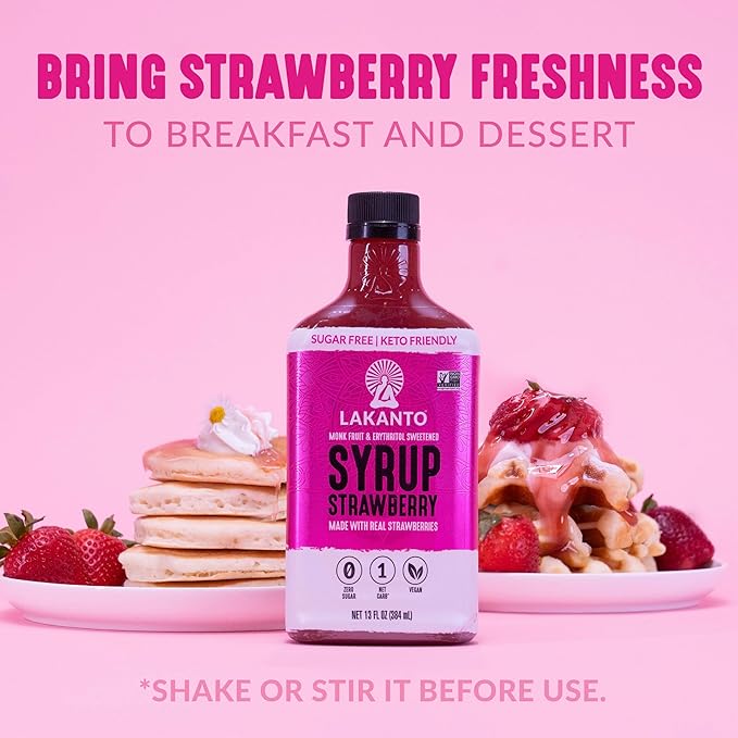 Lakanto Sugar Free Strawberry Syrup - Sweetened with Monk Fruit Sweetener and Erythritol, Made with Real Strawberries, Perfect for Pancakes, Waffles, French Toast, Ice Cream, Lemonade, Desserts, Snacks, and more - 13 fl oz