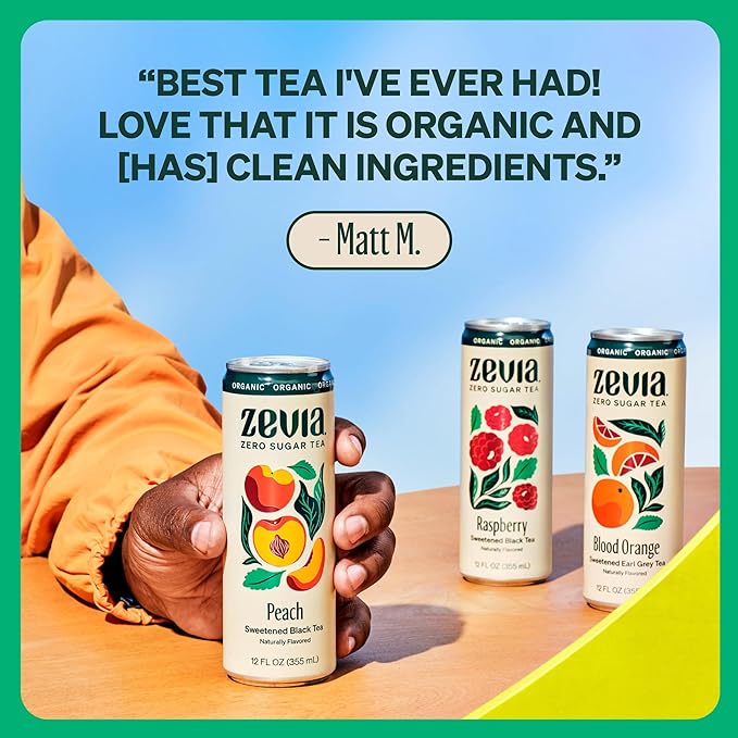 Zevia Zero Sugar Tea, Black Tea with Peach, 12 oz Cans (12-Pack) – Naturally Sweetened, Zero Calorie Sugar Free - Non-GMO Project Verified, Gluten-Free, Vegan