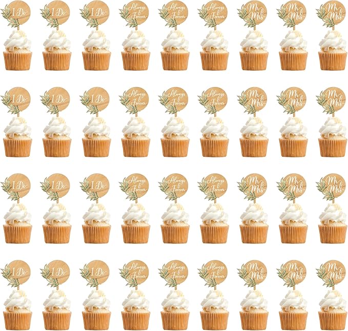 36 PCS Wedding Cupcake Toppers Green Mr & Mrs Wedding Cake Cupcake Decorations in Wood