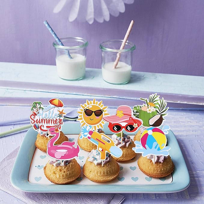 Rsstarxi 32 Pack Summer Beach Cupcake Toppers with Ball Sun Umbrella Water Gun Slippers Cupcake Picks Hello Hawaiian Cake Decorations for Baby Shower Hawaiian Summer Pool Themed Party Decor