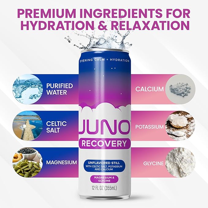 JUNO RECOVERY Unflavored Still Drink - Energizing Hydration with Magnesium, Glycine, Celtic Salt, Potassium & Calcium - Refreshing Beverage, 12 Pack