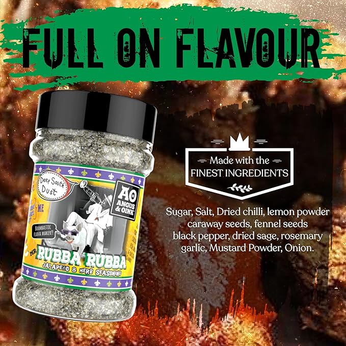 Angus & Oink | Rubba Rubba Jalapeno & Herb Seasoning | Authentic Creole and Cajun Flavours | Perfect for Shrimp, Pork, Fish, & Chicken | 200g