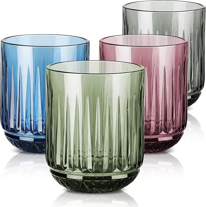Joeyan Vintage Small Drinking Glasses,9 oz Ribbed Colored Water Cocktail Tumblers Cups,Beer Wine Juice Milk Beverages Glassware,Set of 4,Dishwasher Safe