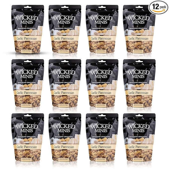 Wicked Minis Soup & Oyster Crackers - Saltine Crackers Salted Flavored Mini Puffed Soup Cracker, Savory Snacking Mix, Seasoned Crouton Salad Topper, Cracker for Chili 6oz (Garlic Parmesan, Pack of 12)