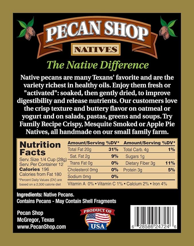 Pecan Shop Raw Unpasteurized Shelled Texas Native Pecans, Wild-Harvested and Tested Pesticide-Free Pecan Halves in Oxygen-Barrier Bag for Peak Freshness - 5 lb