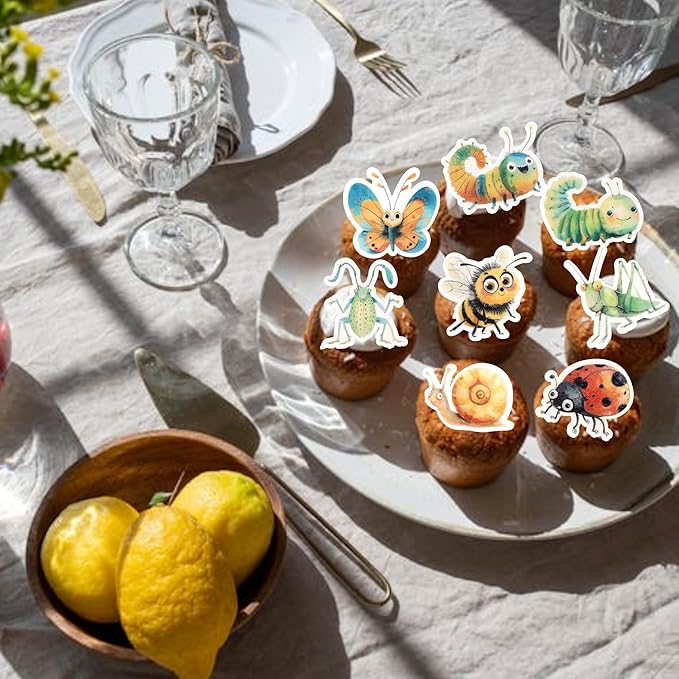 60 Pack Edible Green Caterpillar Cupcake Topper Wafer Paper Nature Insect Hungry Caterpillar Dragonfly Cupcake Picks Happy Birthday Anniversary Wedding Cake Decorations Party Color 1