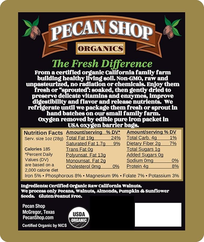 Pecan Shop Sprouted Raw Organic California Walnuts, Light Redmond Sea Salt Family Recipe Crispy-Untreated, Unpasteurized and Family Orchard grown-12 Ounce