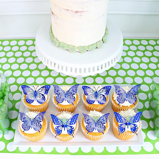 Gyufise 36 Pack Blue 3D Butterfly Cupcake Toppers Hollow Butterfly Cake Decorations for Birthday Wedding Fairy Party Butterfly Wall Sticker Decal for Background Wall Decoration
