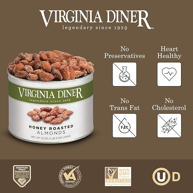 Virginia Diner Premium Natural Honey Roasted Almonds, Sweet & Salty Gourmet Snack in Gift Tin 1.12 Pound (Pack of 1)