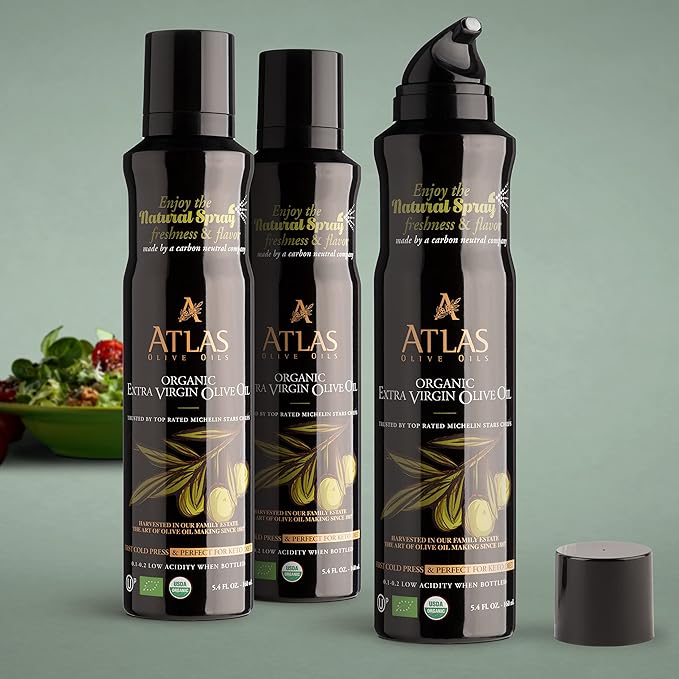 Cooking Oil by Atlas, Extra Virgin Olive Oil Spray, Dual Function Spray and Stream, 5.4 fl oz, 3 Pack, Non Stick, Polyphenol Rich Moroccan EVOO, Cold Pressed, Hydroxytyrosol Keto