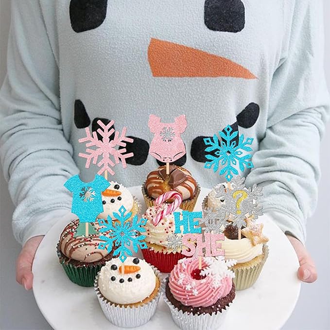 24 PCS Snowflake Gender Reveal Cupcake Toppers Pink Blue Glitter He or She Snowflake Cupcake Picks Boy or Girl Cake Decorations for Gender Reveal Theme Baby Shower Kids Birthday Party Supplies