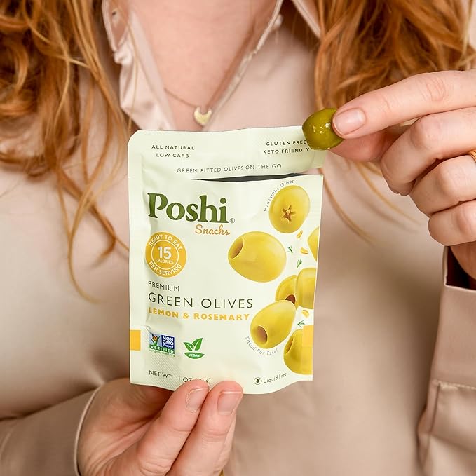 Poshi Green Pitted Olives | Lemon & Rosemary | Vegan, Kosher, Gluten Free + Keto Friendly, Fresh, All Natural Low Calorie Healthy Snacks | (30 Pack, 1.1oz Bags)