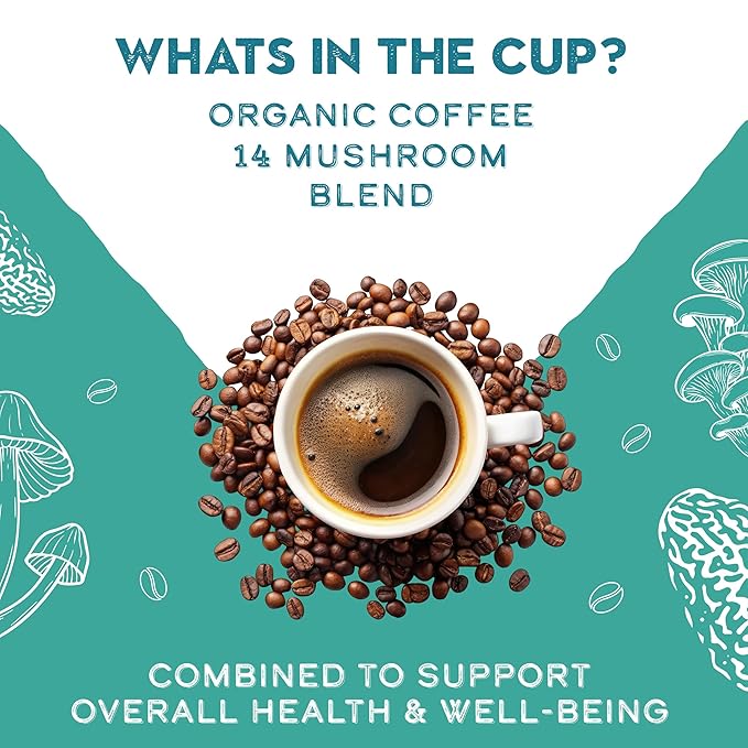 Organic 14 Mushroom Coffee Blend Dark Roast, Organic Lion's Mane, Chaga, Red Reishi and more, Chocolate Notes, Enhances Overall Health, Immune Support And Wellbeing, Ground 12 oz Bag