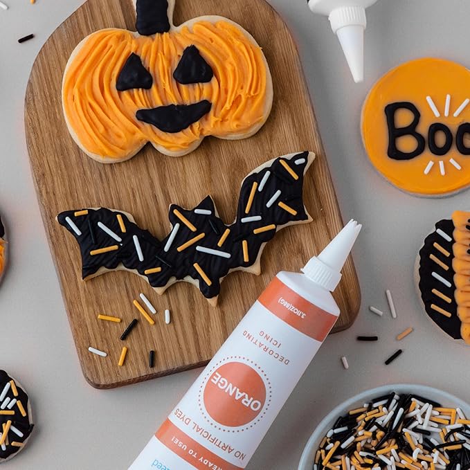 Sweets Indeed Dye-Free Halloween Frosting & Sprinkles Set ??8.22 oz | 2 Frosting Tubes (Orange & Black) + 2 Decorating Tips + 2 oz Sprinkle Mix (Black, Orange & White) | No Artificial Dyes Cupcake & Cookie Decorating Kit