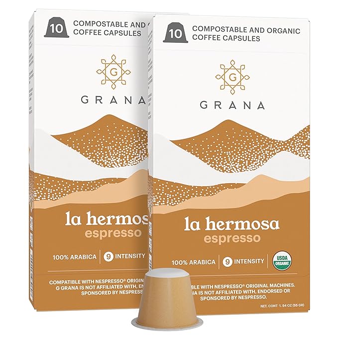 G GRANA Coffee Pods, Compatible with Nespresso OriginalLine, 20 Pack, Dark Roast, USDA Organic 100% Arabica Single Source Specialty-Coffee, Compostable Single Serve Capsules, La Hermosa