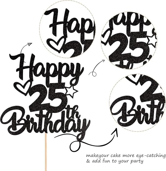 1 Pack Happy 25th Birthday Cake Topper Glitter Heart Star 25 Fabulous Cake Pick Birthday Sign Cake Decorations for Children 25th Birthday Theme Party Supplies Black