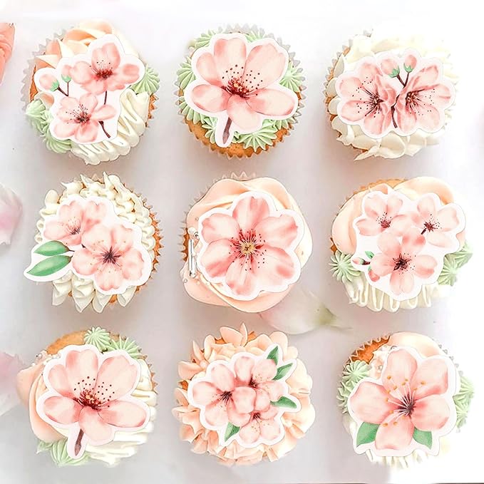 40 PCS Edible Cherry Blossoms Cupcake Toppers Wafer Paper Cherry Blossoms Flowers Cake Decorations for Baby Shower Kids Birthday Party Decorations Supplies