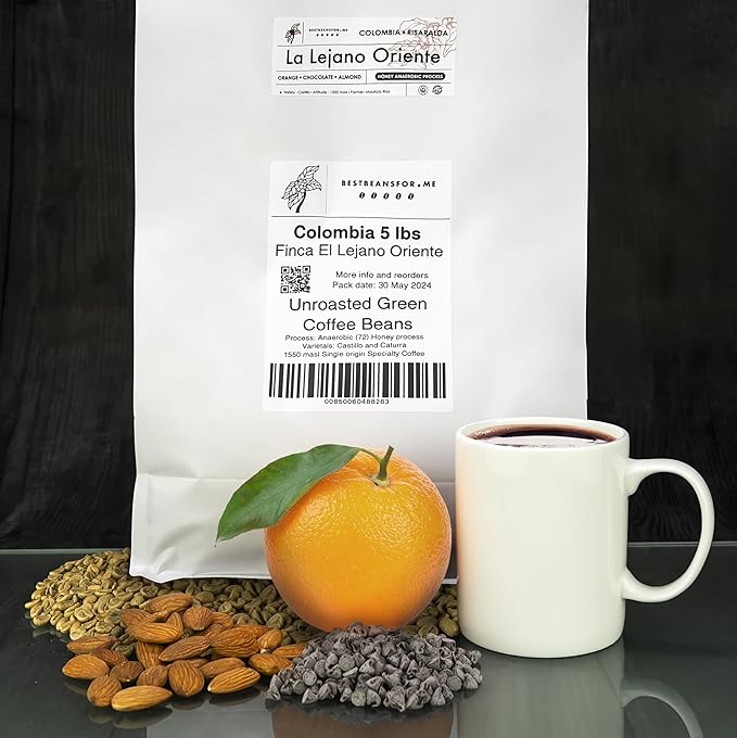 Single Origin Unroasted Green Coffee Beans, From Colombia, Specialty Grade, Finca El Lejano Oriente, Castillo and Caturra Varietals (5 lbs, Colombia Natural Process)