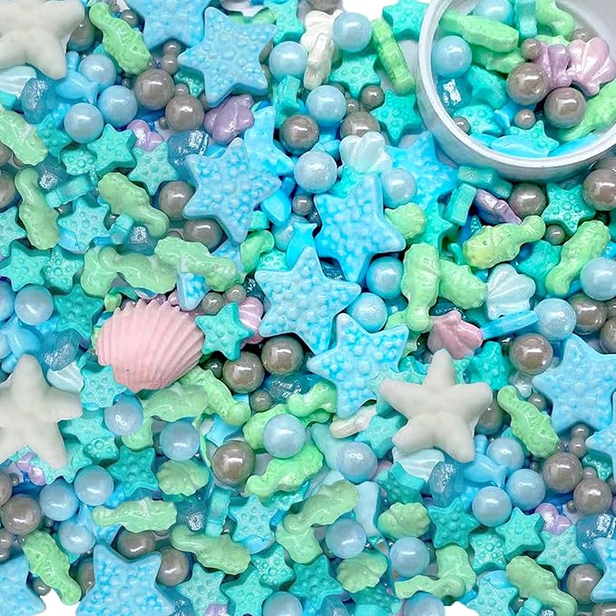 Sentovac Ocean Sprinkle Edible Cake Decorating Hippocampi Starfish Shell Fish Pearl Candy Mix Blue Sprinkle for Cake Cupcake Topper Cookie Baking Decorations Sea Theme Party Birthday Supplies